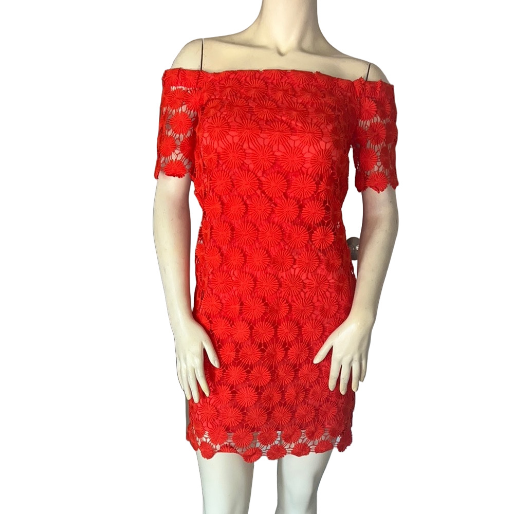Trina Turk Mini Dress Off The Shoulder Crochet Daisy Lace Orange. Size XS.